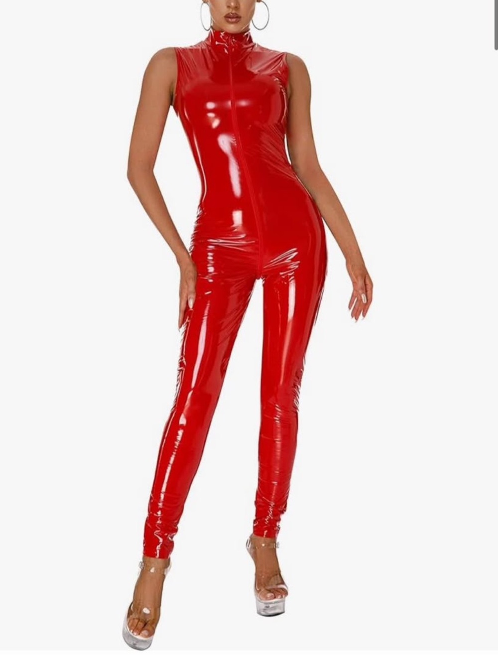 Red Sleeveless Zip-Front Faux Patent Leather Jumpsuit